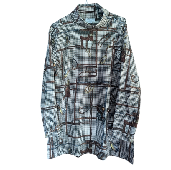 Jones New York Sport 100% Cotton Equestrian Print Long Sleeve Tunic Turtle Neck - Picture 2 of 10